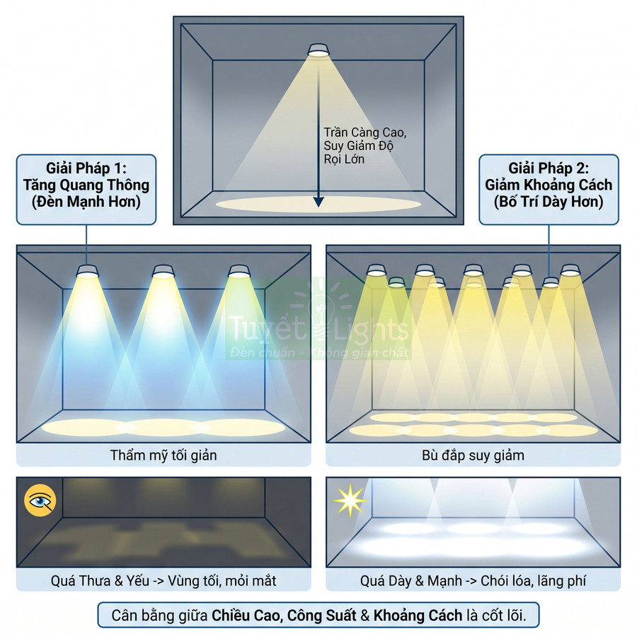 Minh họa cách bố trí đèn trần Tuyết Lights cân bằng chiều cao, công suất và khoảng cách để tối ưu độ sáng
