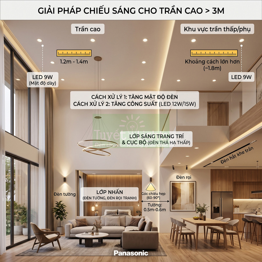 Phòng khách trần cao sử dụng hệ thống đèn LED Panasonic chiếu sáng trần, tường và khu vực bếp hiện đại