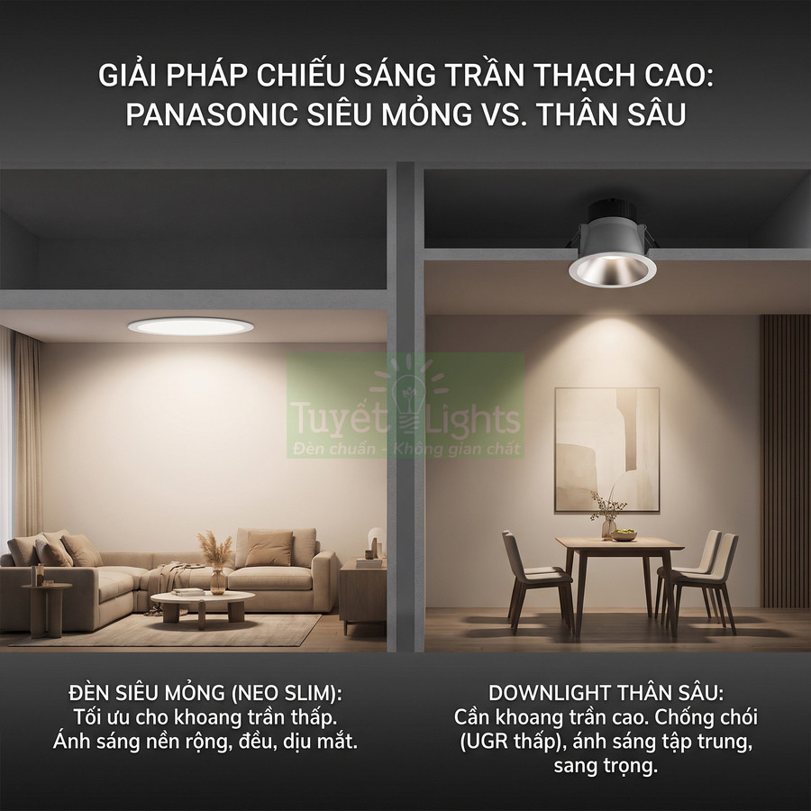 So sánh đèn trần thạch cao Panasonic siêu mỏng và downlight thân sâu trong phòng khách và phòng ăn
