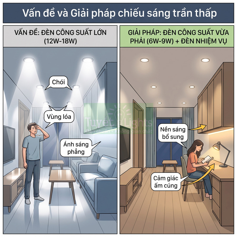 So sánh chiếu sáng trần thấp bằng đèn công suất lớn gây chói và giải pháp đèn công suất vừa kết hợp đèn nhiệm vụ ấm cúng
