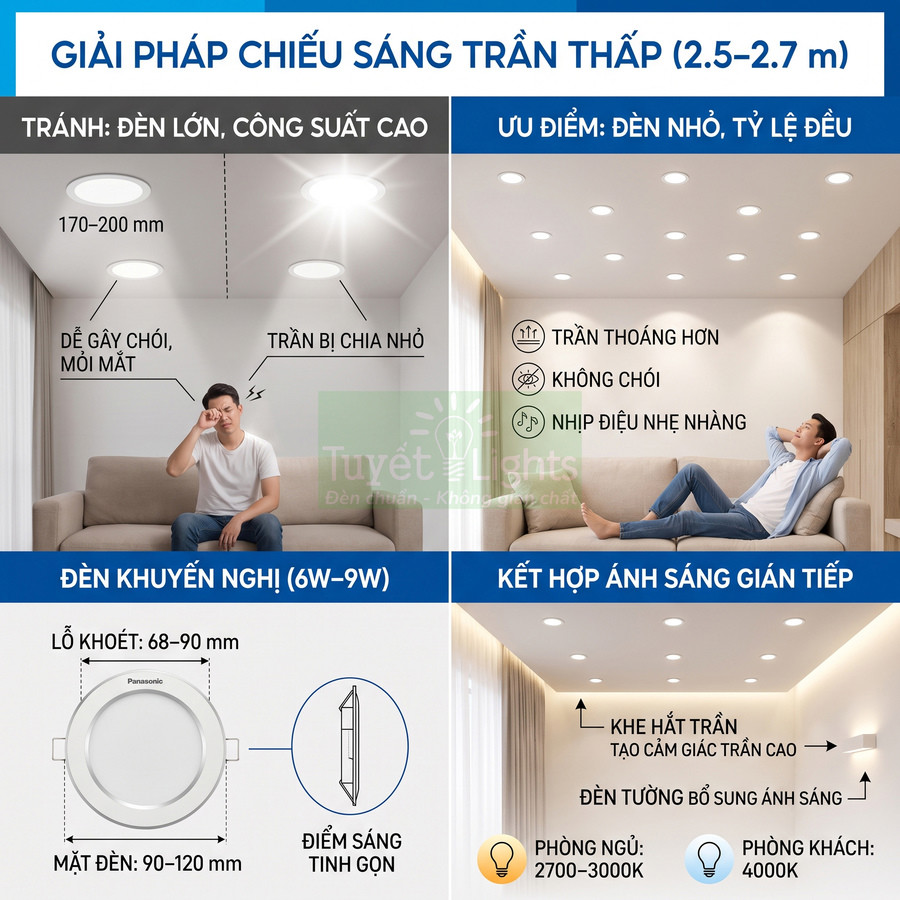 Giải pháp chiếu sáng trần thấp với đèn LED âm trần Panasonic nhỏ, ánh sáng dịu cho phòng khách và phòng ngủ