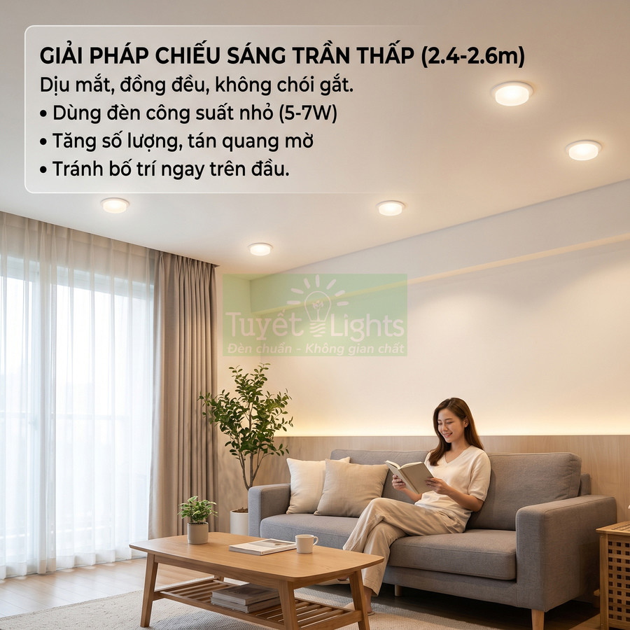 Đèn âm trần Tuyết Lights chiếu sáng dịu mắt cho phòng khách trần thấp, cô gái đọc sách trên sofa