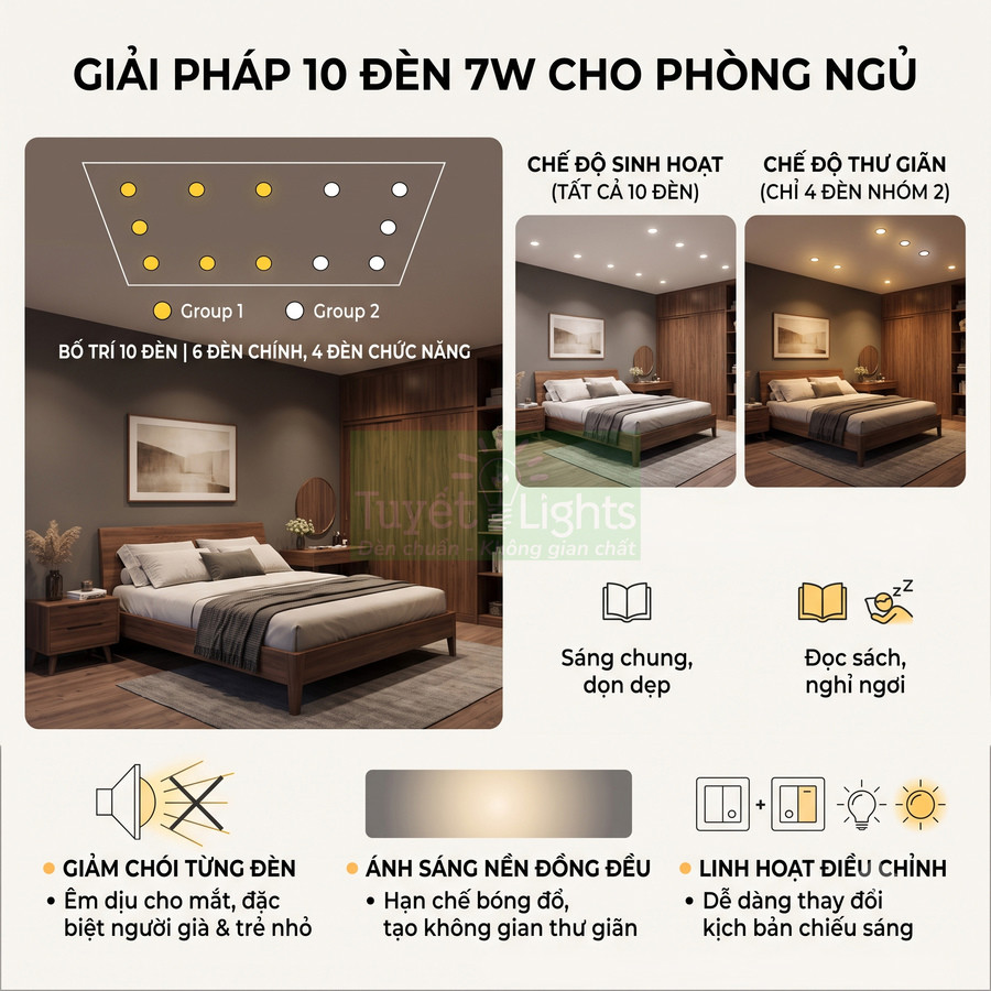 Giải pháp bố trí 10 đèn LED âm trần 7W Tuyết Lights cho phòng ngủ với hai chế độ chiếu sáng linh hoạt