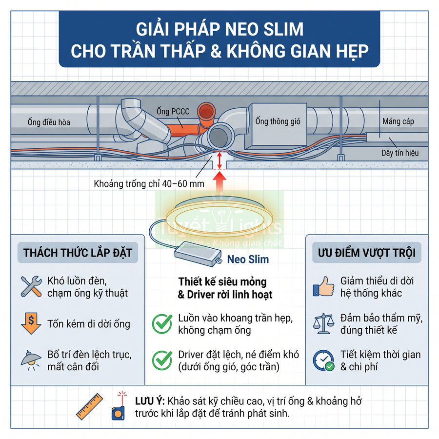 Đèn âm trần Neo Slim siêu mỏng với driver rời linh hoạt cho trần thấp và không gian hẹp