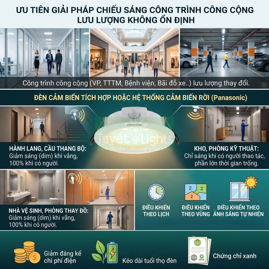 Đèn cảm biến Panasonic cho công trình công cộng, hành lang, nhà vệ sinh, kho bãi giúp tiết kiệm điện và kéo dài tuổi thọ
