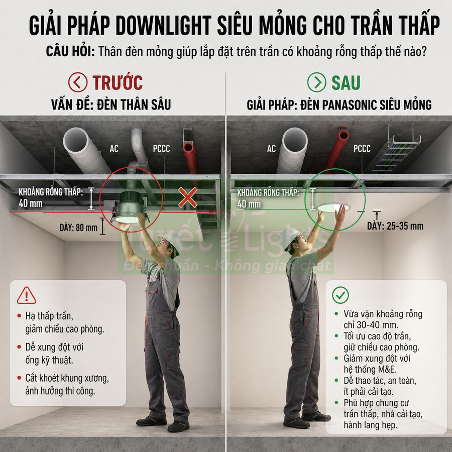 Thợ điện lắp đèn downlight siêu mỏng Panasonic cho trần thấp, so sánh với đèn thân sâu truyền thống