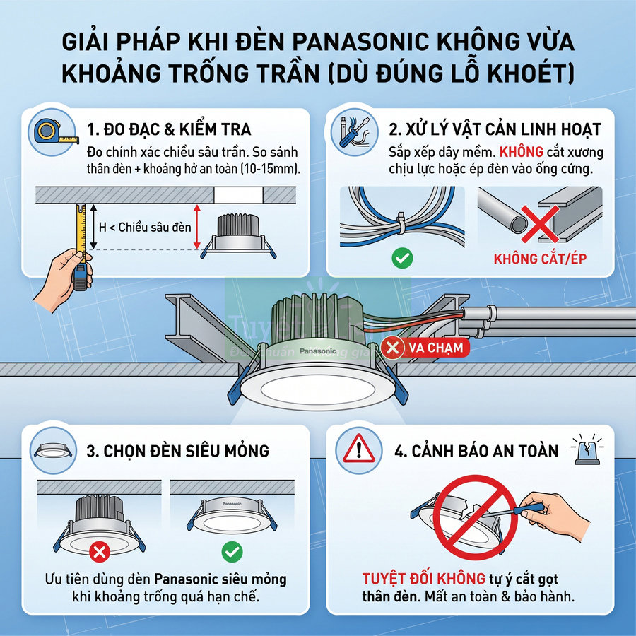 Hướng dẫn lắp đặt đèn âm trần Panasonic siêu mỏng khi khoảng trống trần hạn chế và cảnh báo an toàn