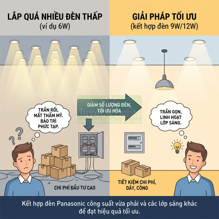 So sánh lắp nhiều đèn âm trần 6W với giải pháp tối ưu dùng đèn Panasonic 9W 12W tiết kiệm chi phí