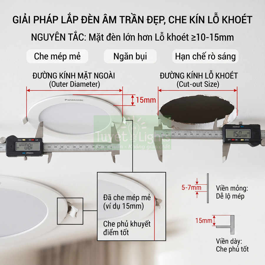 Đèn âm trần Panasonic viền dày che kín lỗ khoét trần, hạn chế rò sáng và che khuyết điểm tốt