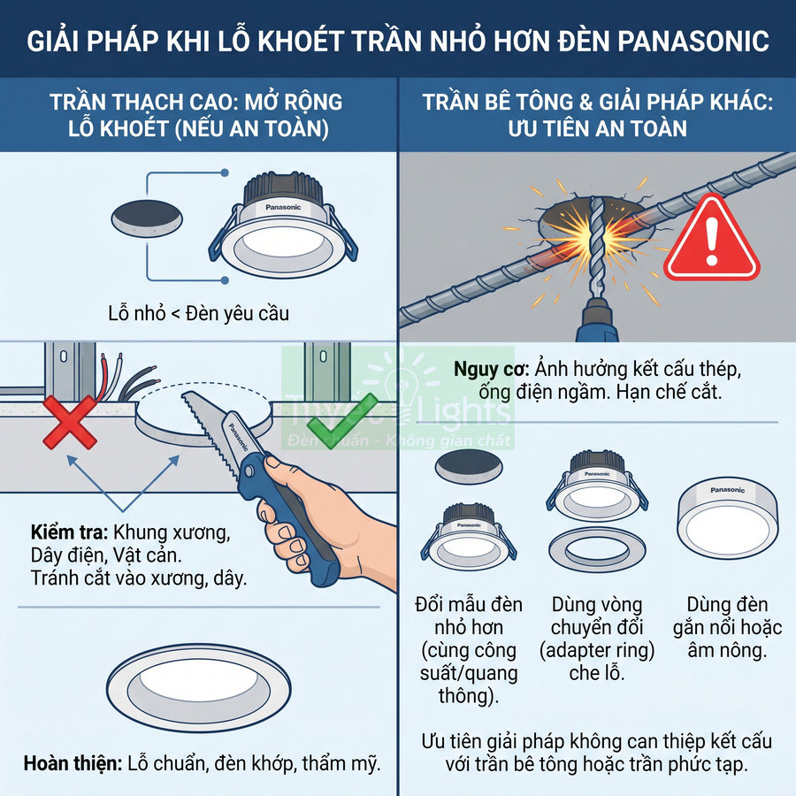 Hướng dẫn lắp đặt và xử lý lỗ khoét trần nhỏ hơn cho đèn âm trần Panasonic an toàn và thẩm mỹ