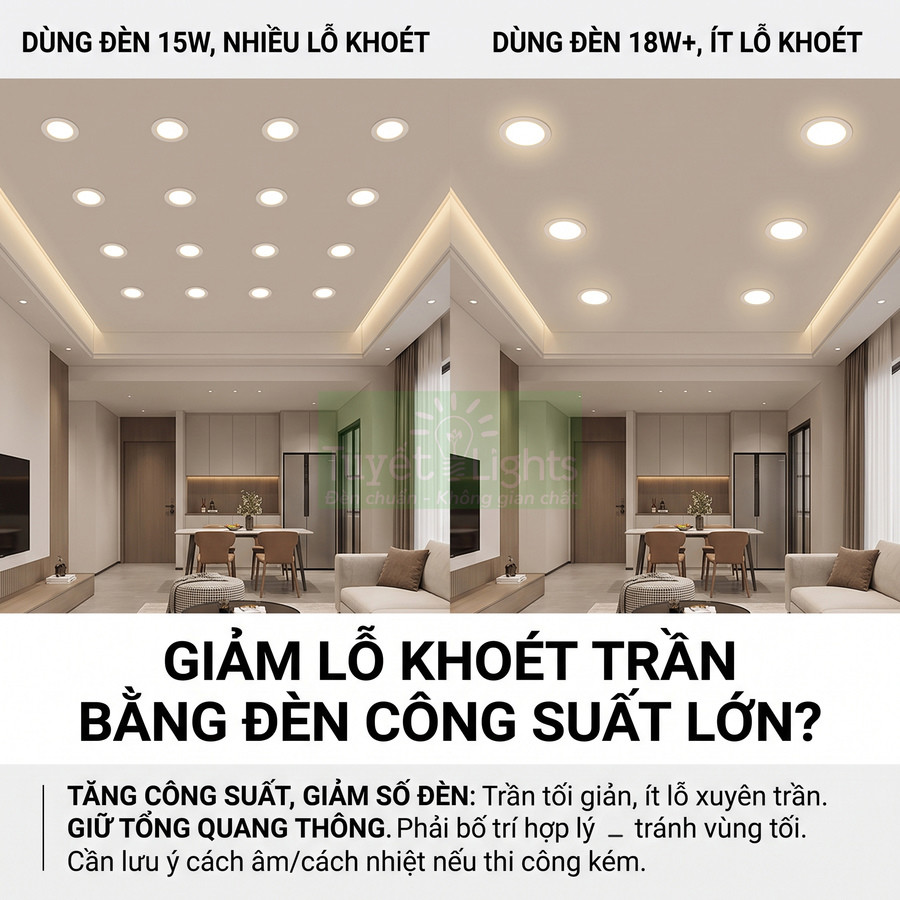 So sánh trần phòng khách dùng nhiều đèn âm trần 15W và ít đèn âm trần 18W công suất lớn
