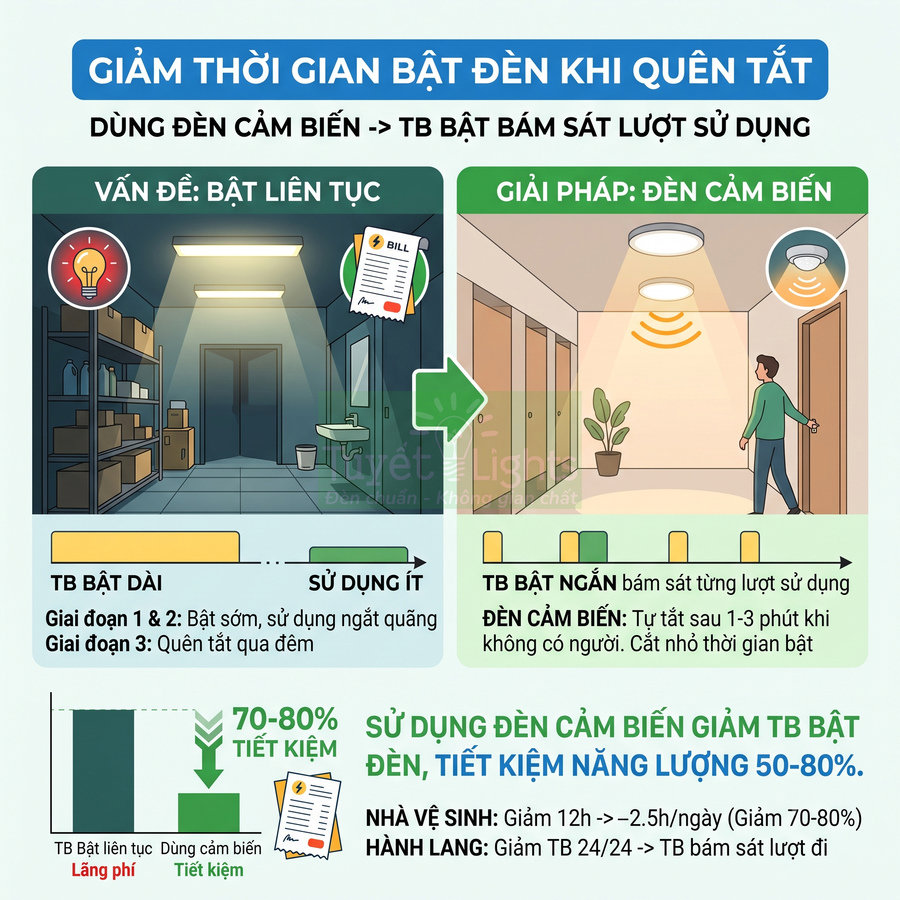 Đèn cảm biến VietLight tự động bật tắt theo lượt sử dụng giúp giảm thời gian bật đèn và tiết kiệm điện năng