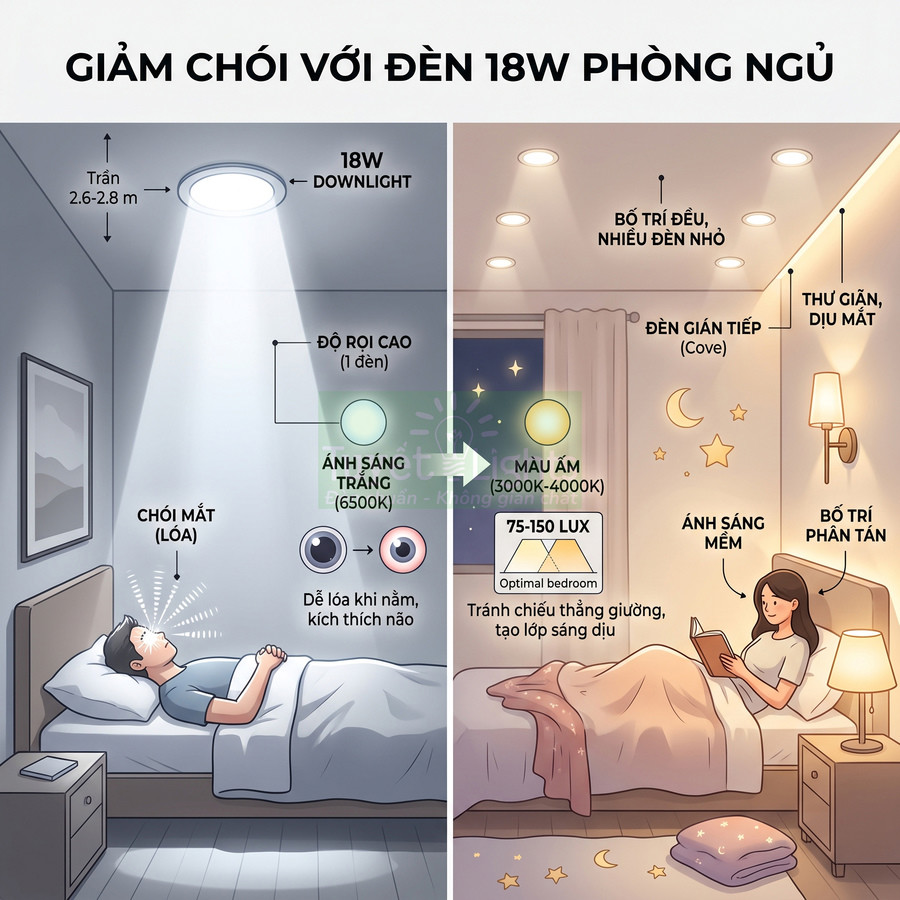 So sánh bố trí đèn 18W phòng ngủ, bên trái chói mắt, bên phải ánh sáng ấm dịu và phân tán giúp thư giãn