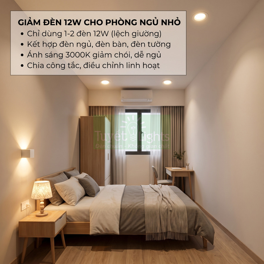 Đèn LED âm trần 12W ánh sáng 3000K cho phòng ngủ nhỏ, kết hợp đèn bàn và đèn tường tone ấm