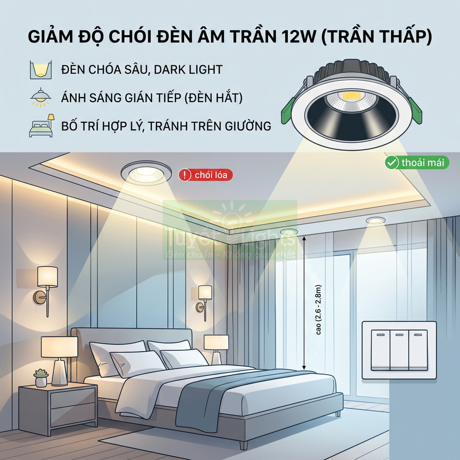 Đèn âm trần 12W chống chói lóa lắp phòng ngủ trần thấp cho ánh sáng gián tiếp dễ chịu