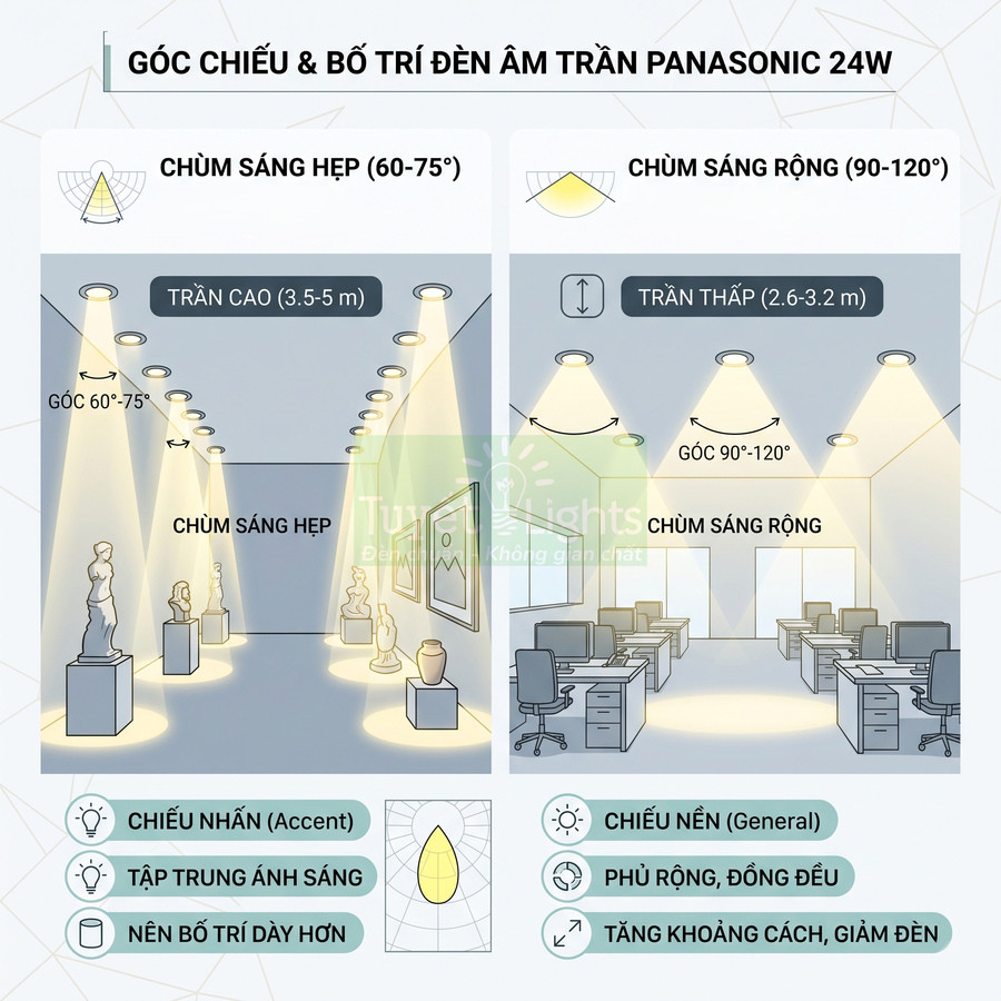 Góc chiếu và cách bố trí đèn âm trần Panasonic 24W cho trần cao và trần thấp
