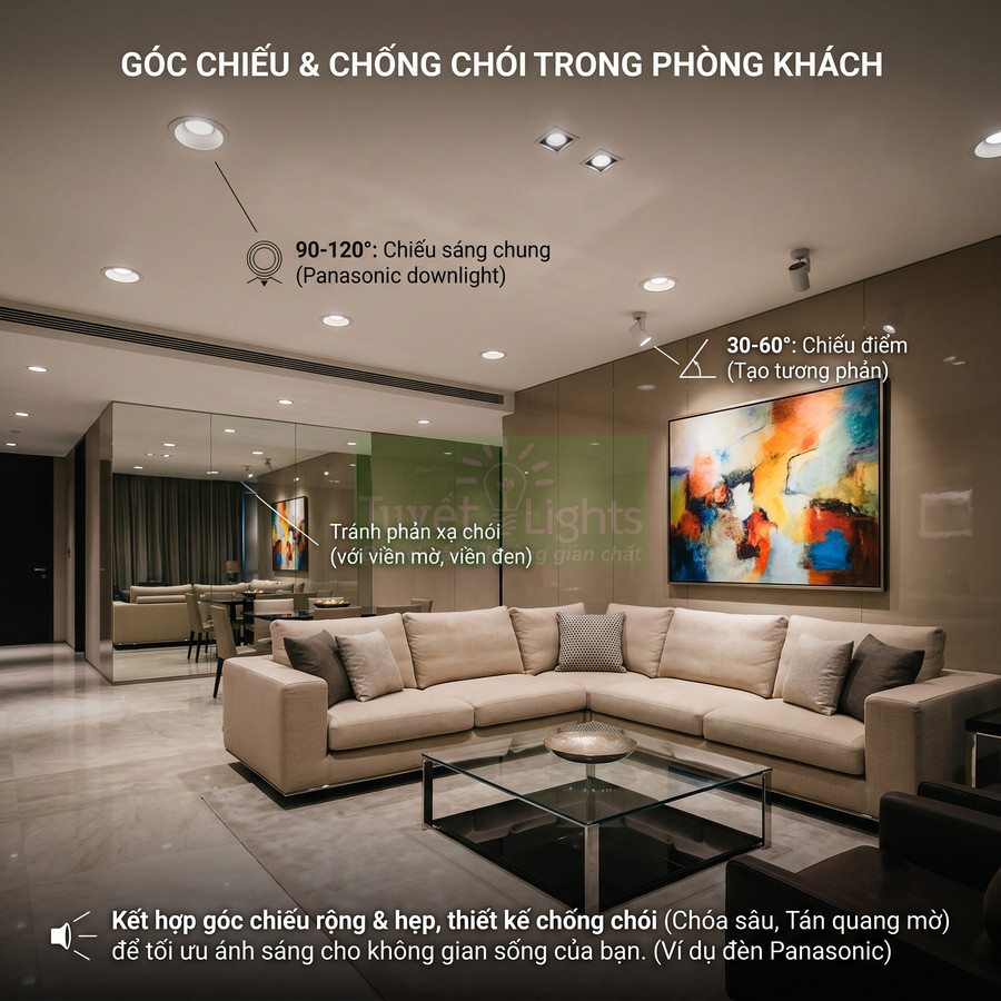 Đèn downlight Panasonic chống chói chiếu sáng phòng khách hiện đại với sofa chữ L và tranh treo tường nhiều màu