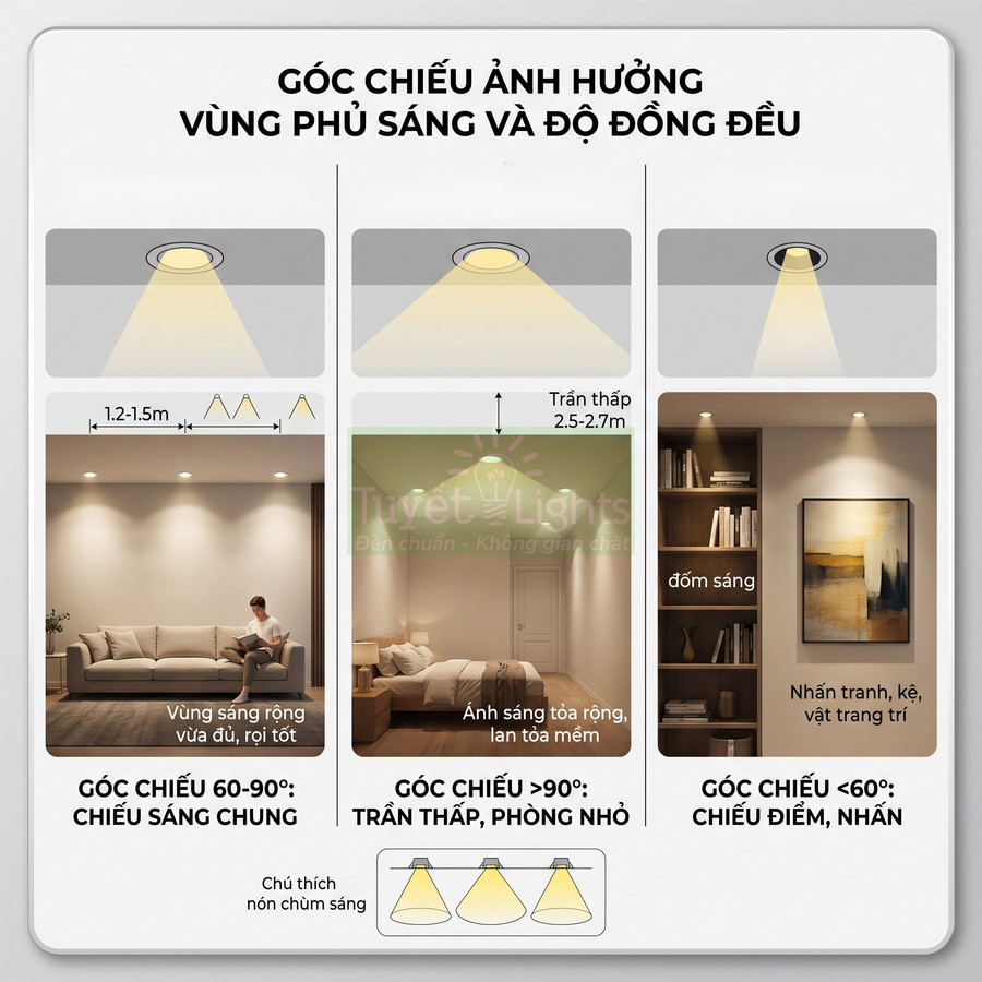 Minh họa góc chiếu đèn âm trần Tuyết Lights và vùng phủ sáng cho phòng khách, phòng ngủ, chiếu điểm trang trí