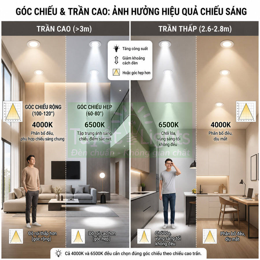 So sánh góc chiếu đèn LED âm trần 4000K và 6500K cho trần cao và trần thấp trong phòng khách và bếp