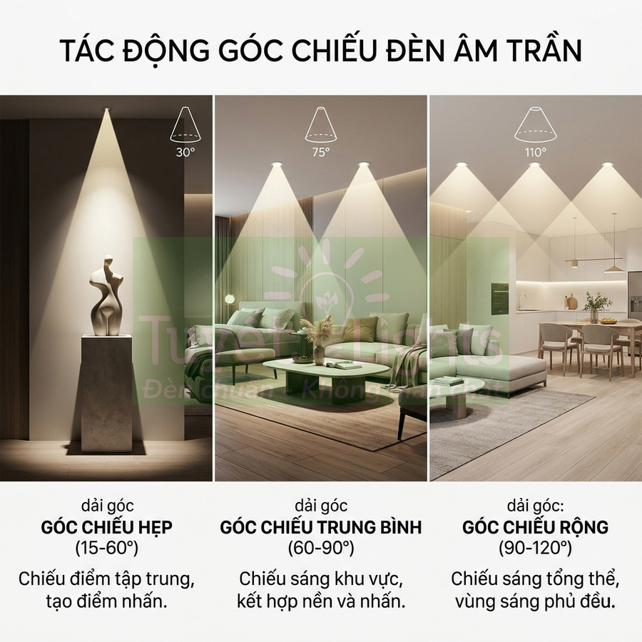 So sánh ba góc chiếu đèn âm trần hẹp trung bình rộng trong phòng khách và bếp hiện đại