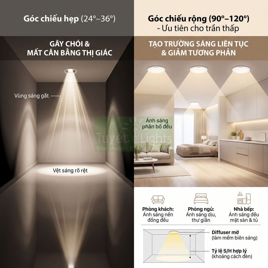 So sánh góc chiếu hẹp và góc chiếu rộng của đèn âm trần Tuyết Lights trong phòng khách, phòng ngủ, nhà bếp