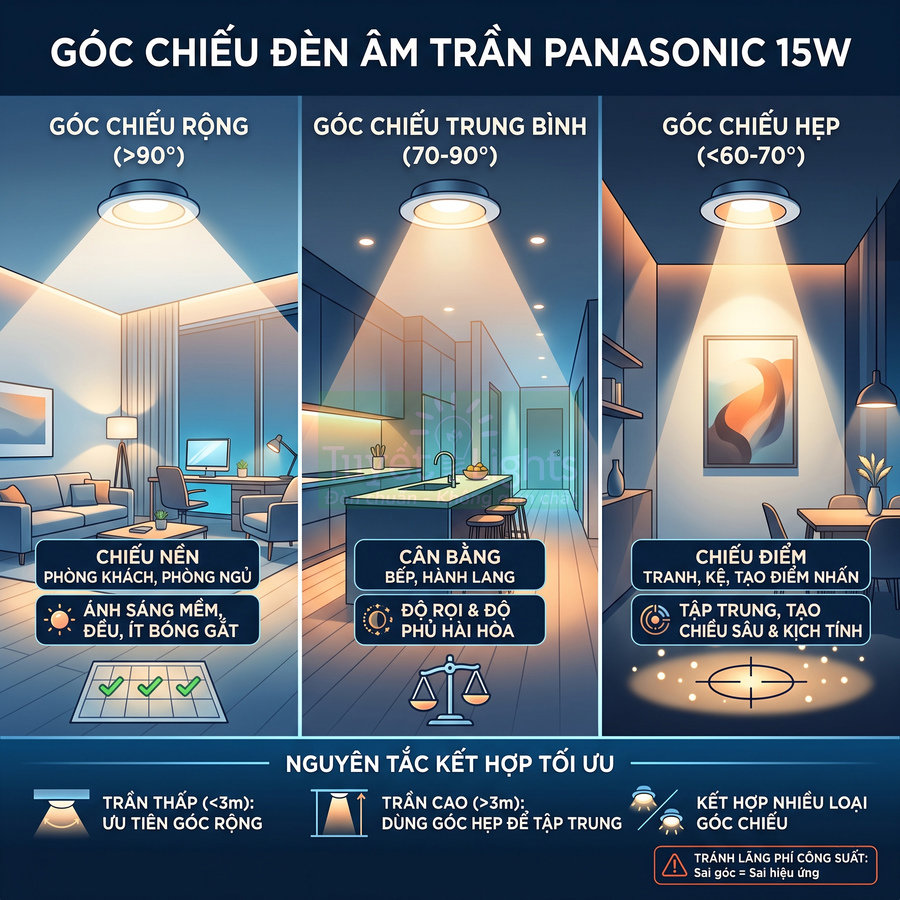 Góc chiếu đèn âm trần Panasonic 15W cho phòng khách, bếp, hành lang và chiếu điểm trang trí