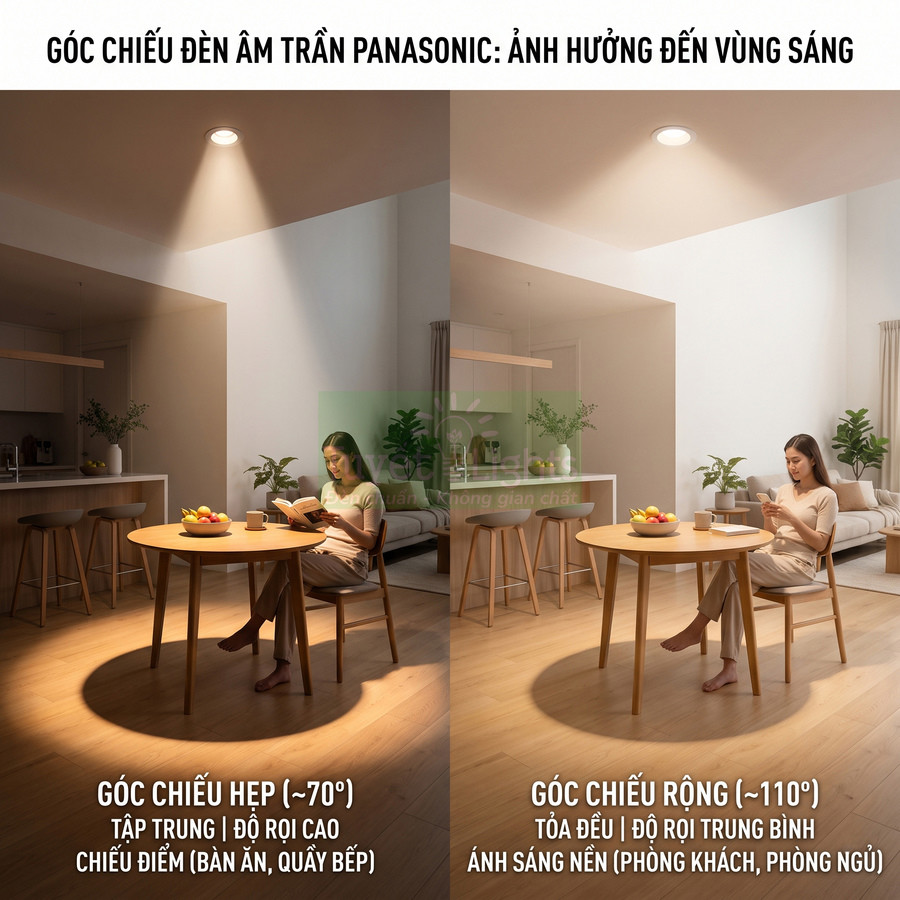 So sánh góc chiếu hẹp và rộng của đèn âm trần Panasonic trong phòng khách, bàn ăn có người phụ nữ đọc sách