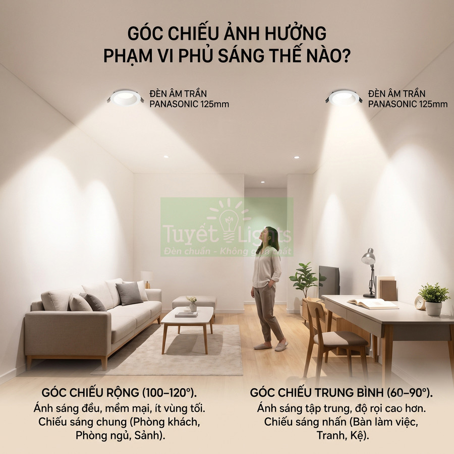 Đèn âm trần Panasonic 125mm chiếu sáng phòng khách và bàn làm việc với hai góc chiếu rộng và trung bình