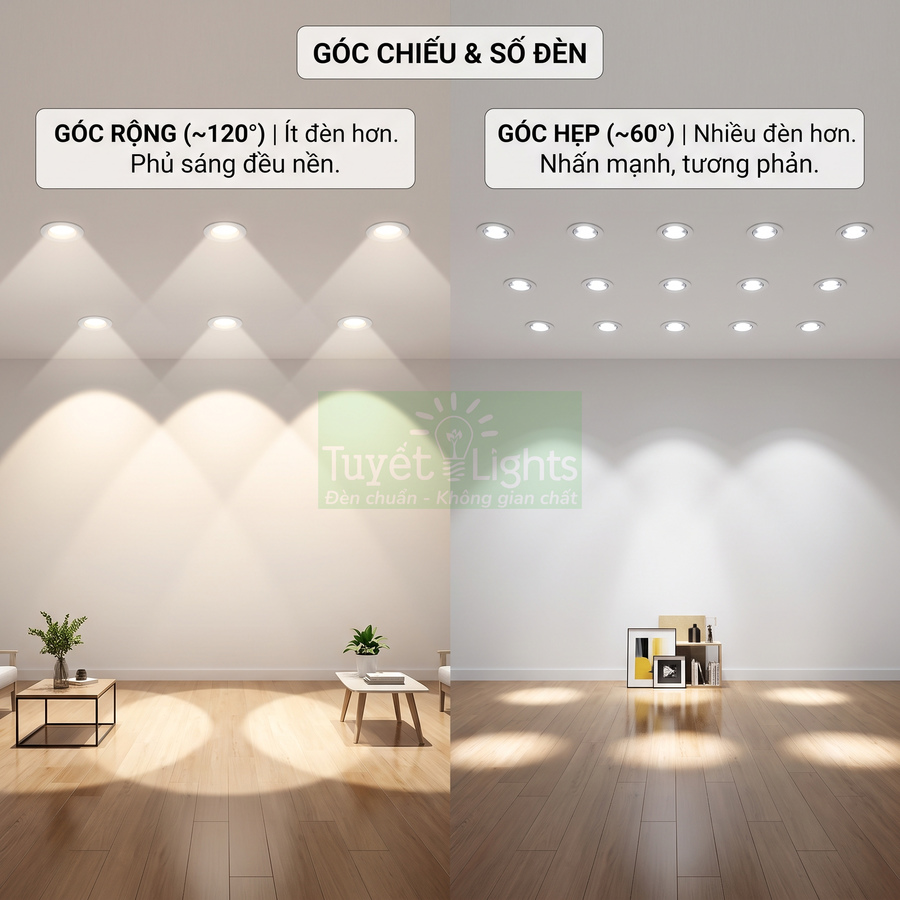 So sánh đèn âm trần Tuyết Lights góc chiếu rộng và hẹp trong phòng khách sàn gỗ