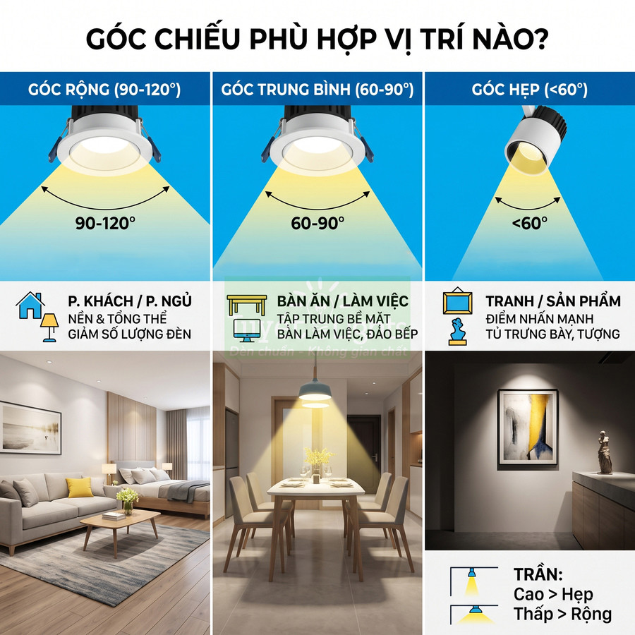 So sánh góc chiếu đèn âm trần rộng trung bình hẹp và gợi ý vị trí lắp cho phòng khách bàn ăn tranh trưng bày