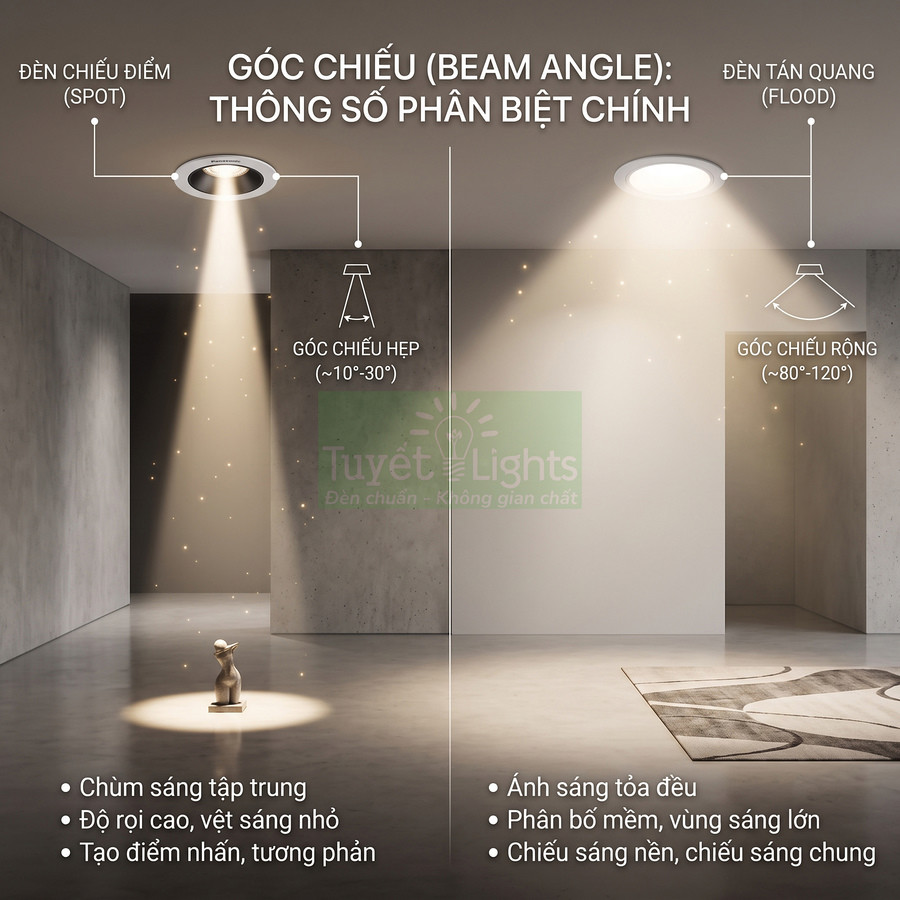 So sánh đèn âm trần Tuyết Lights góc chiếu hẹp chiếu điểm và góc chiếu rộng tán quang trong phòng hiện đại
