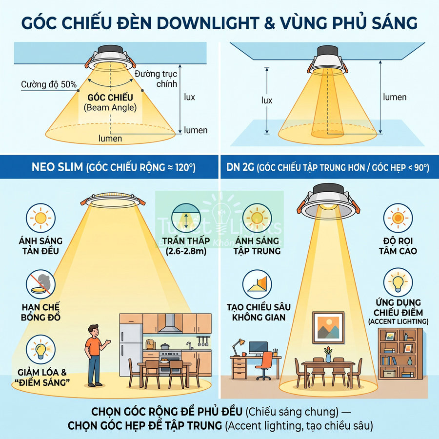 So sánh góc chiếu và vùng phủ sáng của đèn downlight NEO SLIM và DN 2G trong không gian nội thất