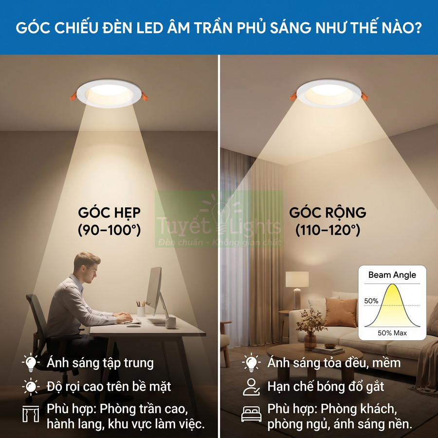 So sánh góc chiếu đèn LED âm trần góc hẹp và góc rộng cho phòng làm việc và phòng khách