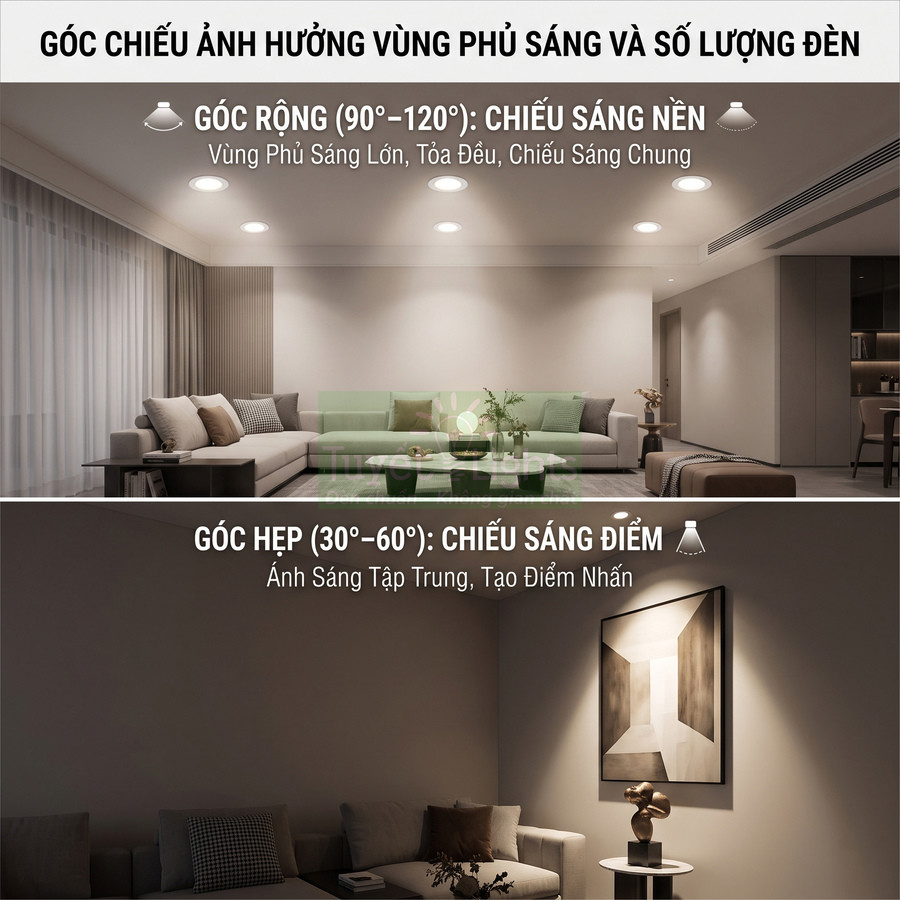 So sánh góc chiếu rộng và hẹp của đèn âm trần LED trong phòng khách hiện đại