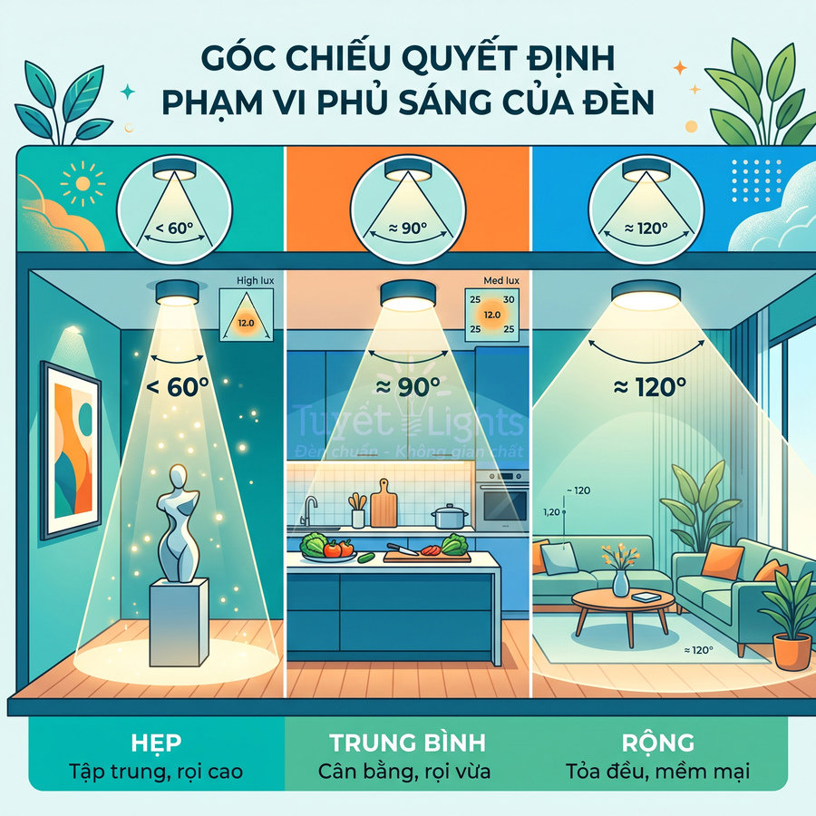 Minh họa góc chiếu đèn trần hẹp trung bình rộng và phạm vi phủ sáng trong phòng khách bếp trưng bày