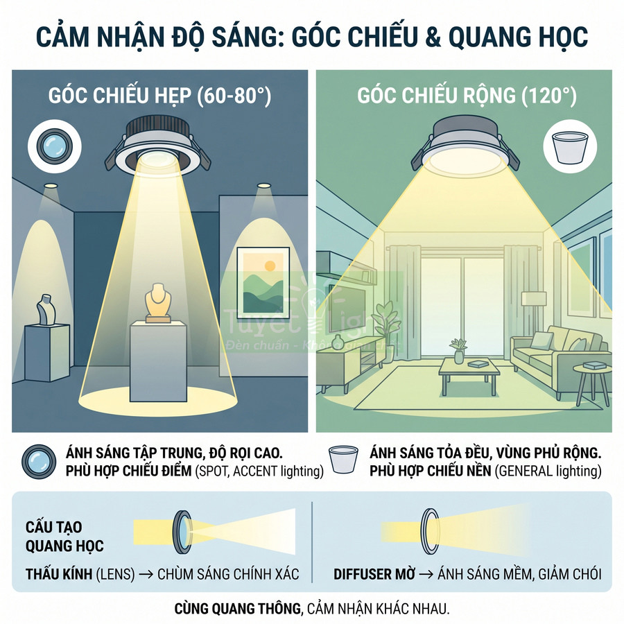 So sánh góc chiếu hẹp và góc chiếu rộng của đèn LED âm trần trong phòng trưng bày và phòng khách