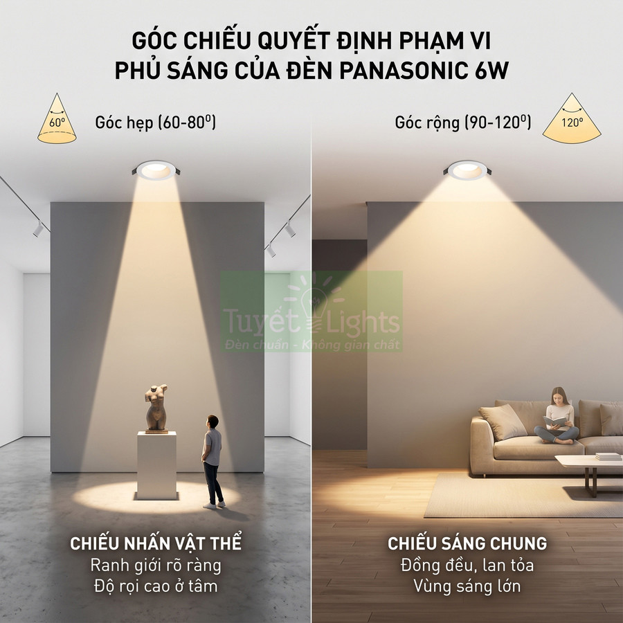 So sánh góc chiếu hẹp và rộng của đèn âm trần Panasonic 6W trong phòng trưng bày và phòng khách