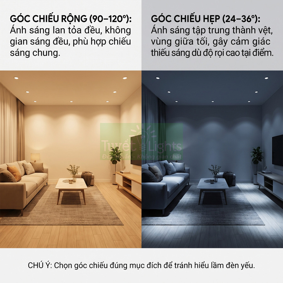 So sánh góc chiếu rộng và hẹp của đèn downlight LED trong phòng khách hiện đại
