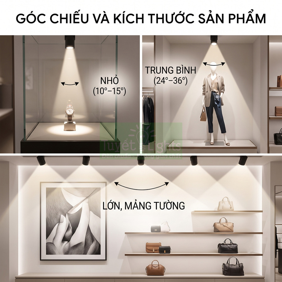 Đèn rọi ray chiếu sáng tủ trưng bày đồng hồ, ma nơ canh và kệ túi xách trong cửa hàng thời trang