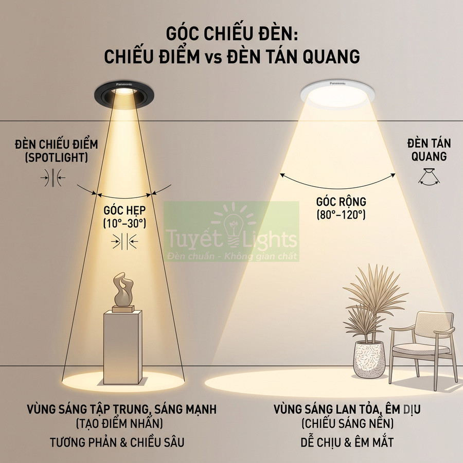 So sánh đèn âm trần Panasonic chiếu điểm và đèn tán quang với hai vùng sáng khác nhau
