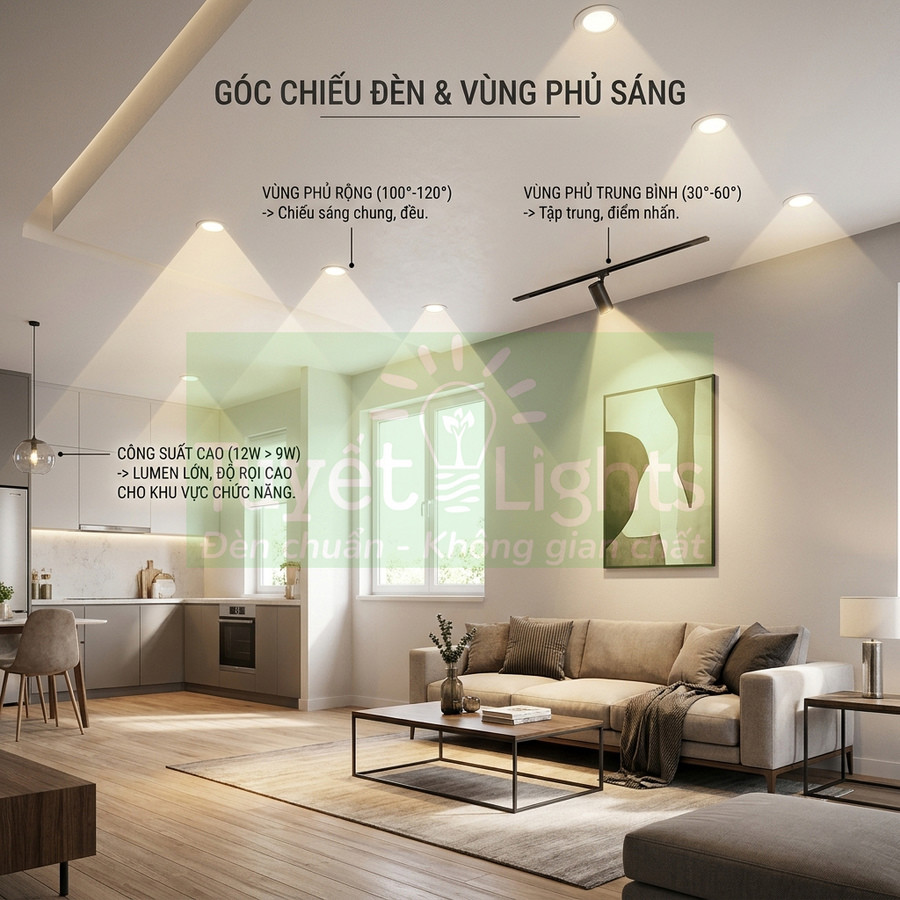 Phòng khách hiện đại với đèn downlight âm trần VietLights chiếu sáng sofa và khu vực bếp