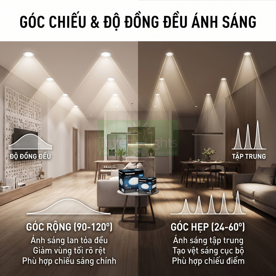 Đèn LED âm trần Panasonic góc chiếu rộng và hẹp cho phòng khách và phòng ăn hiện đại