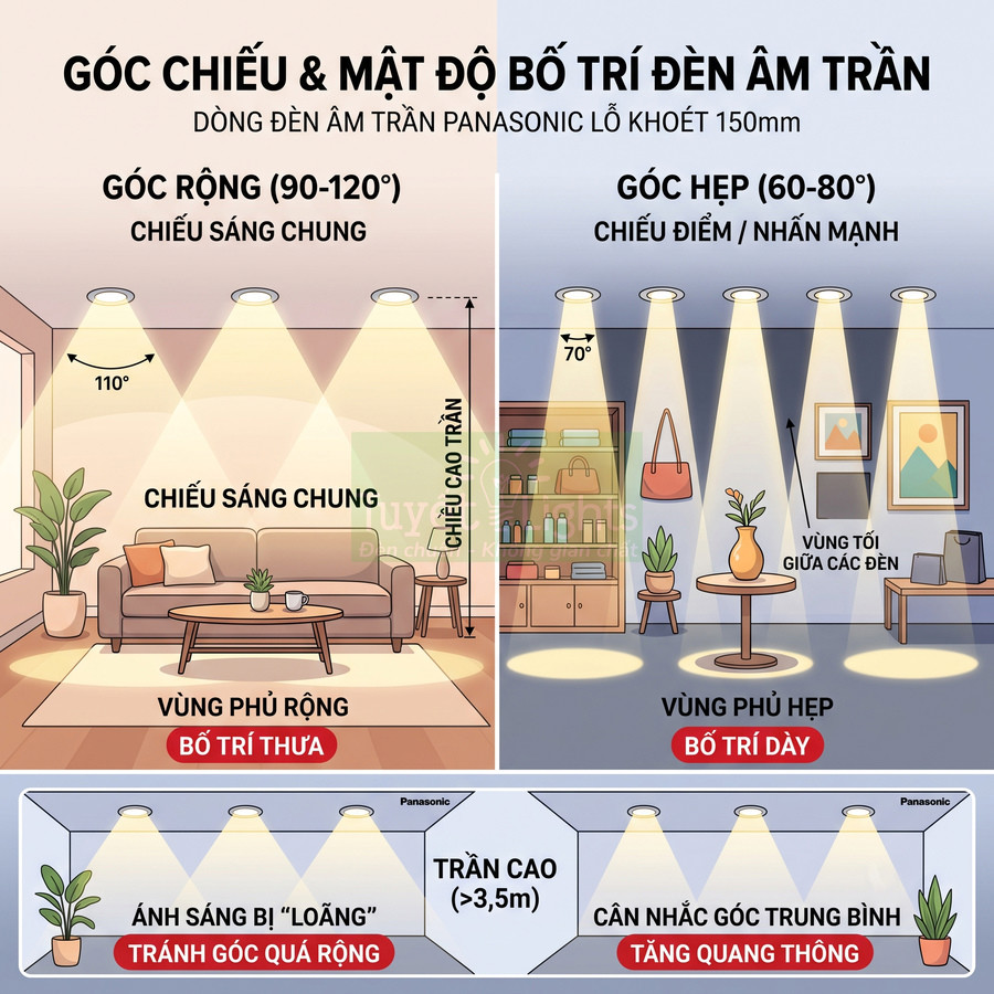 Hướng dẫn bố trí đèn âm trần Panasonic góc chiếu rộng và hẹp cho phòng khách và trần cao