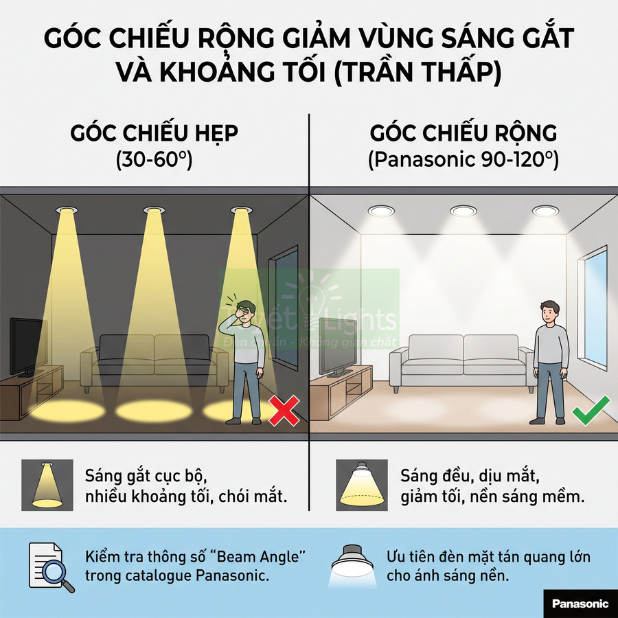 So sánh góc chiếu hẹp và góc chiếu rộng của đèn LED âm trần Panasonic cho trần thấp trong phòng khách