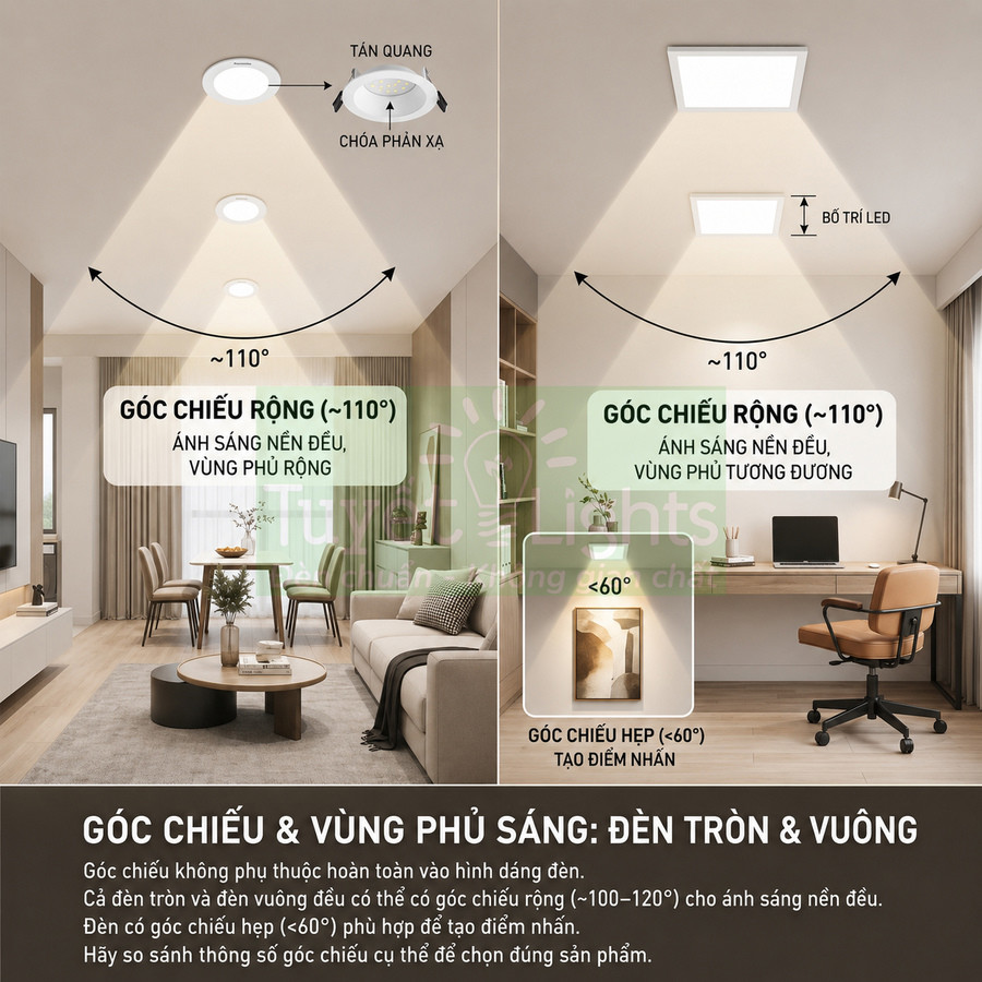 Đèn LED âm trần tròn và vuông góc chiếu rộng 110 độ chiếu sáng phòng khách và phòng làm việc