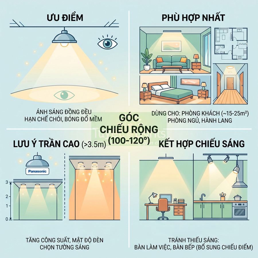 Đèn trần Panasonic góc chiếu rộng 100 120 độ, ánh sáng đồng đều cho phòng khách phòng ngủ hành lang