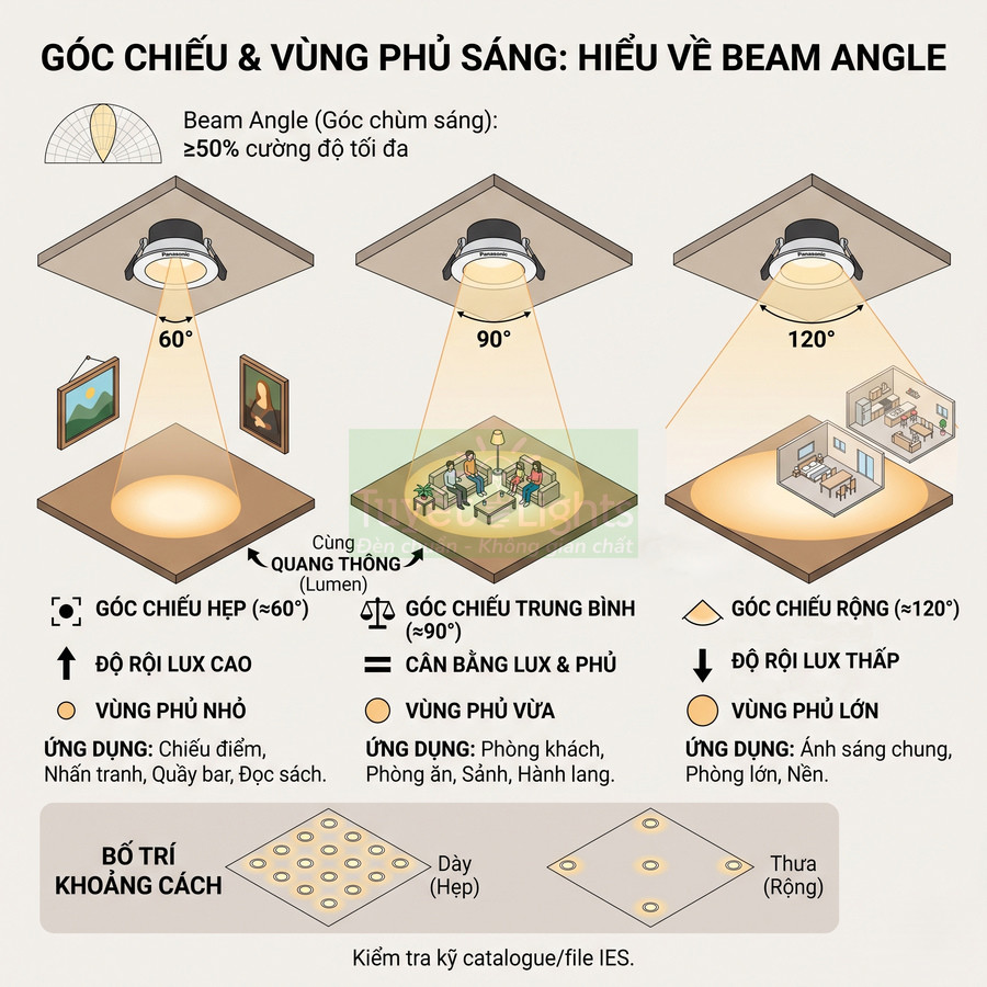 Minh họa góc chiếu đèn LED 60 90 120 độ và vùng phủ sáng cho phòng khách, phòng ăn, phòng lớn