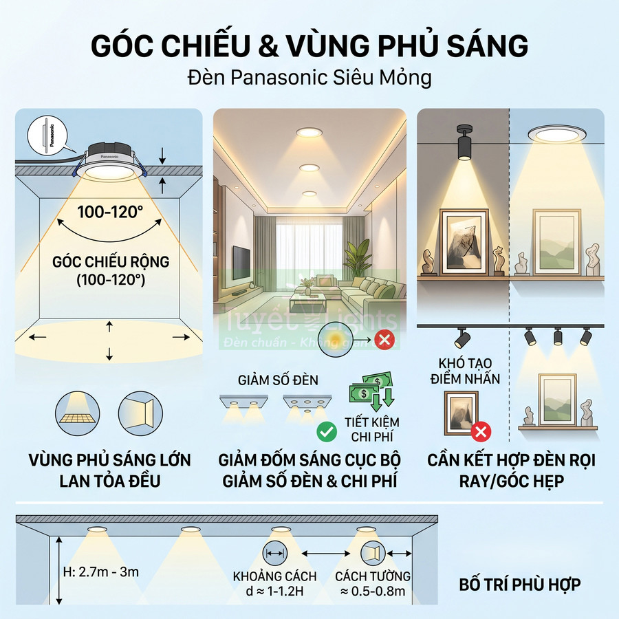 Đèn LED âm trần Panasonic siêu mỏng góc chiếu rộng cho vùng phủ sáng lớn trong phòng khách