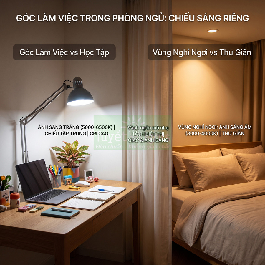 Bàn làm việc với đèn bàn ánh sáng trắng cạnh giường ngủ ánh sáng vàng trong phòng ngủ hiện đại