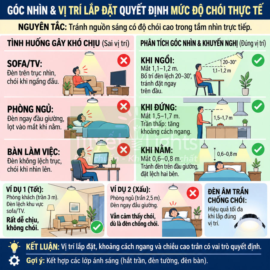 Infographic hướng dẫn vị trí lắp đặt đèn âm trần chống chói cho phòng khách, phòng ngủ và bàn làm việc